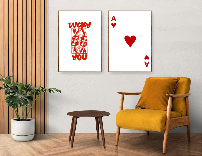 Copy of Set of 2 Prints, Bundle, Ace of Hearts Playing Card Print & Lucky You, Wall Print in Black