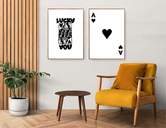 Set of 2 Prints, Bundle, Ace of Hearts Playing Card Print & Lucky You, Wall Print in Black