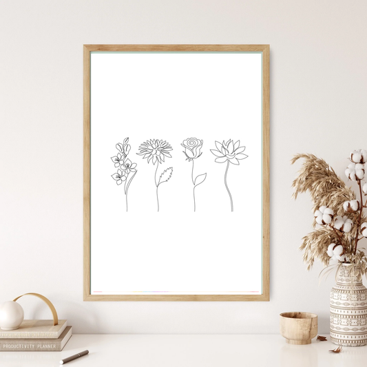 Four Simple Flowers Line Art Wall Print (5 Colours)