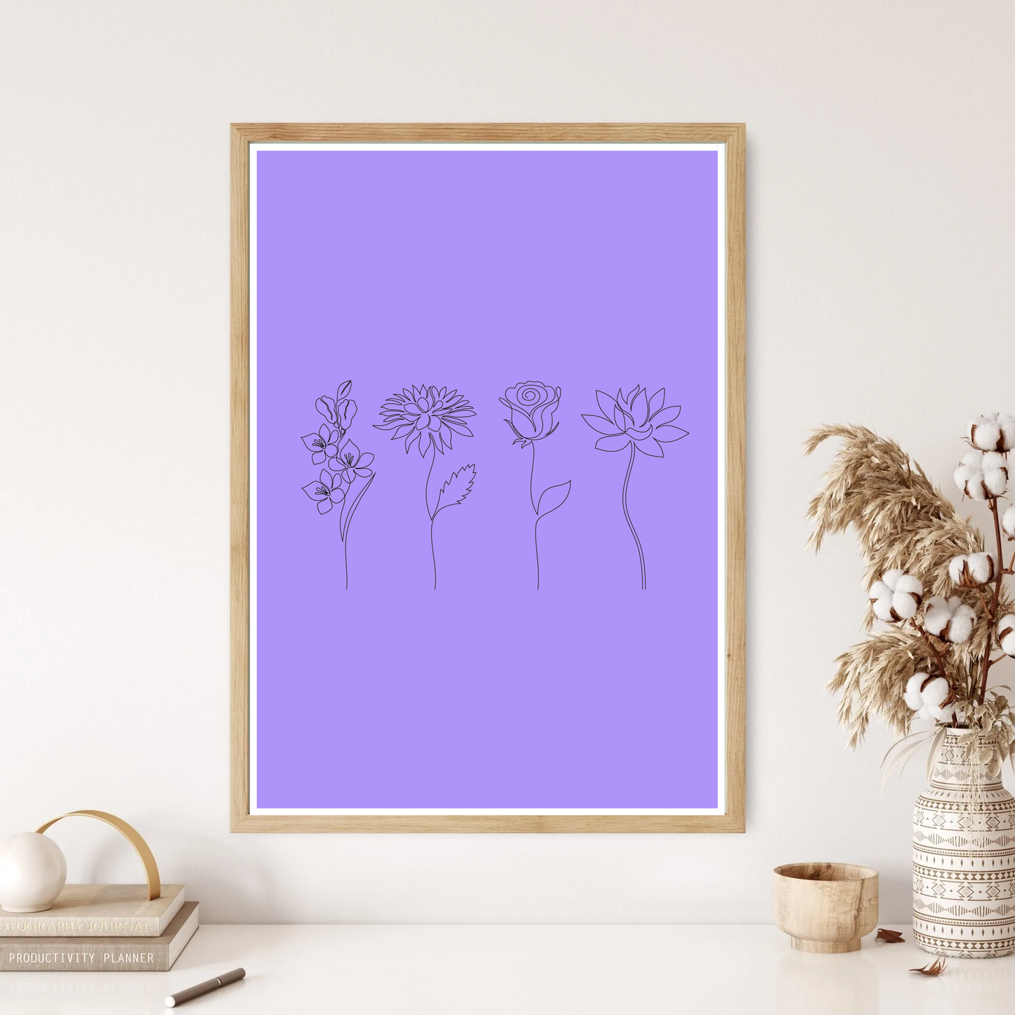 Four Simple Flowers Line Art Wall Print (5 Colours)